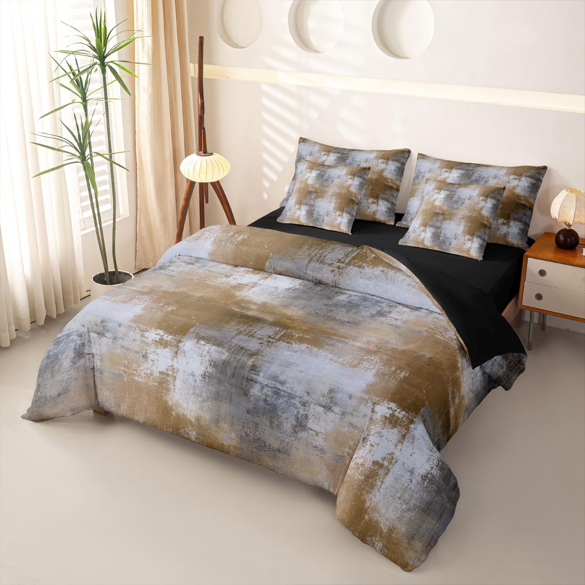 Loussiesd Set di biancheria da letto con copripiumino per letto singolo, 7 pezzi, motivo geometrico ombré, per bambini, ragazzi e ragazze, colore marrone e blu, sfumato in una borsa con copripiumino
