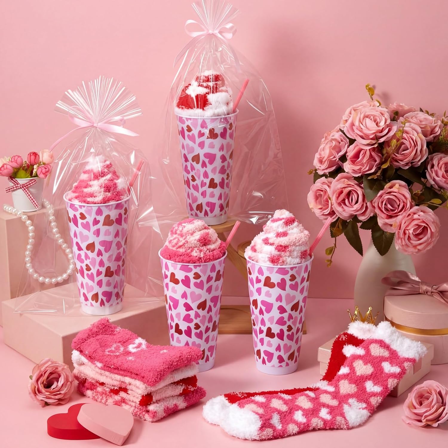 Funtery Galentine's Day Fuzzy Socks Gifts for Women Bulk Valentine Party Stuffers Pink Heart Cup Sock Gift - Image 2