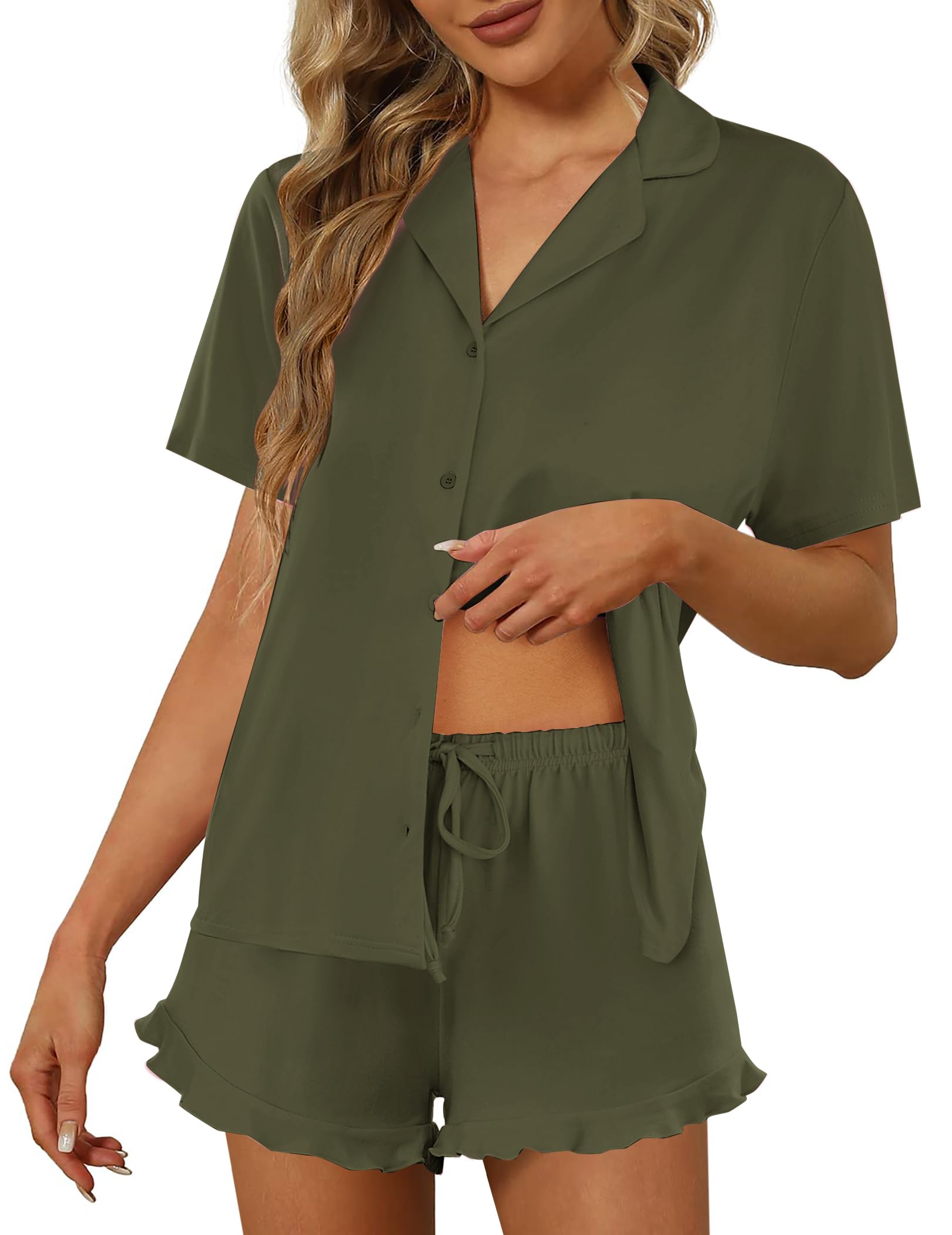 Ekouaer Pajamas Set for Women Short Sleeve Sleepwear Button Down Ruffle Pjs | Soft Pjs Shorts Set, Notch Collar, Lounge Sets for Sleep, Lounge, Wedding, Bridal Party