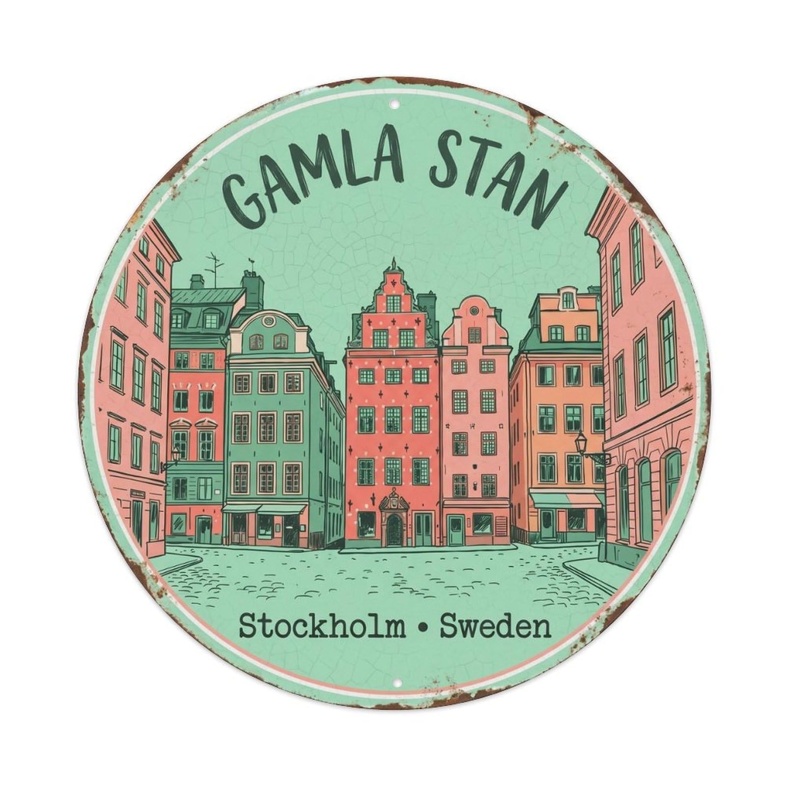 Cmhok Vintage Style-28 Vintage Travel Gamla Stan Sweden Artwork Metal Tin Sign Plaque Wall Decor For Cafe, Club, Garden Round Metal Poster 8X8inch