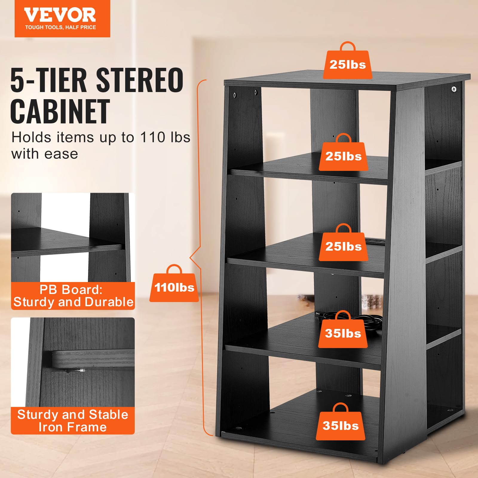 VEVOR Meuble Audio Visuel 5 Niveaux, Étagère Multimédia en Bois, Support Multimédia avec Hauteur Réglable, pour Lecteurs DVD/Décodeurs de Câbles/Consoles de Jeux, Salle d'Enregistrement, Noir