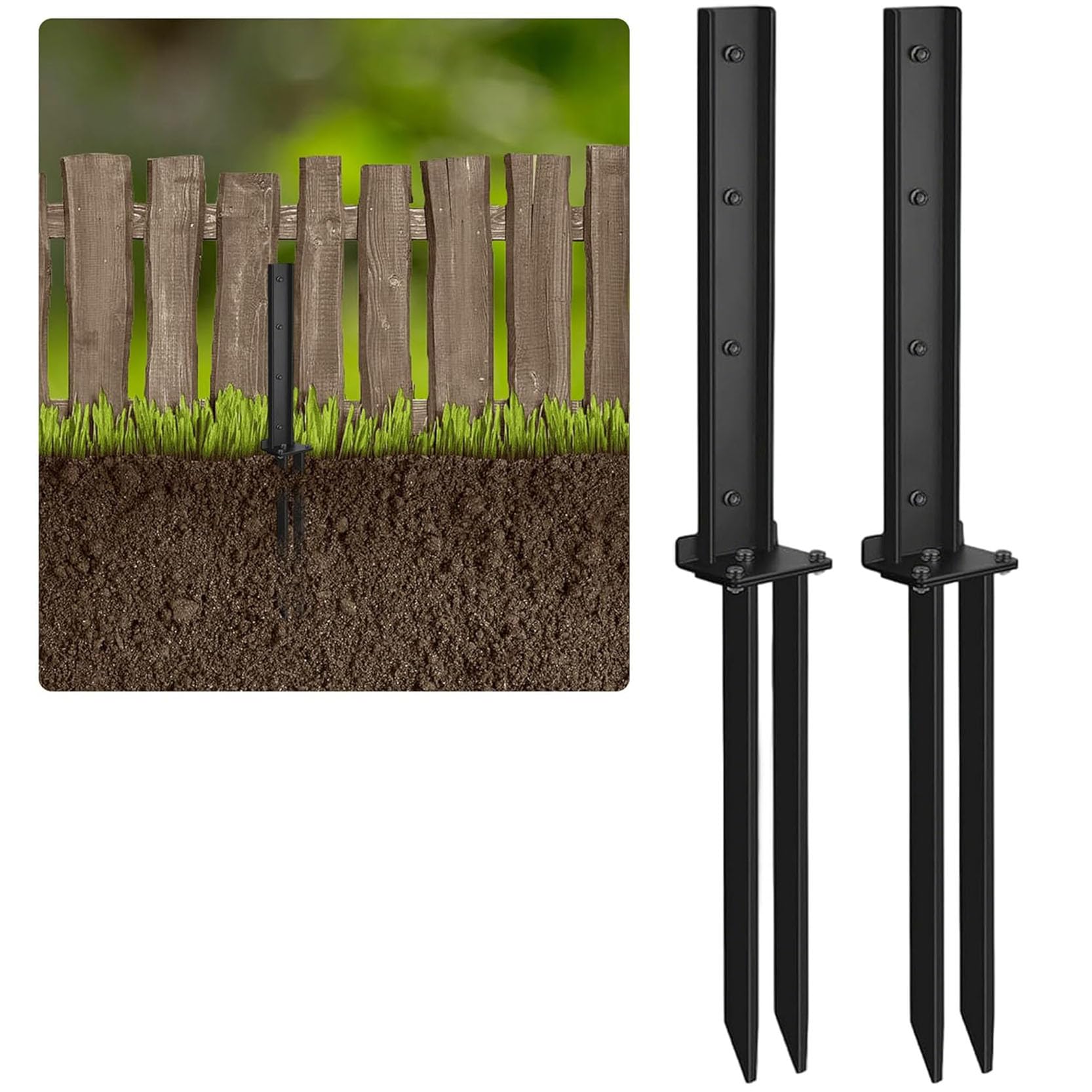 LQSYBHD Fence Post Repair Kit Heavy Duty Fence Post Anchor Ground Stakes Robust Quick-Fix Wood Support Anchor Ground Spike for Broken Leaning Tilted Wood Black(Size:2pcs)