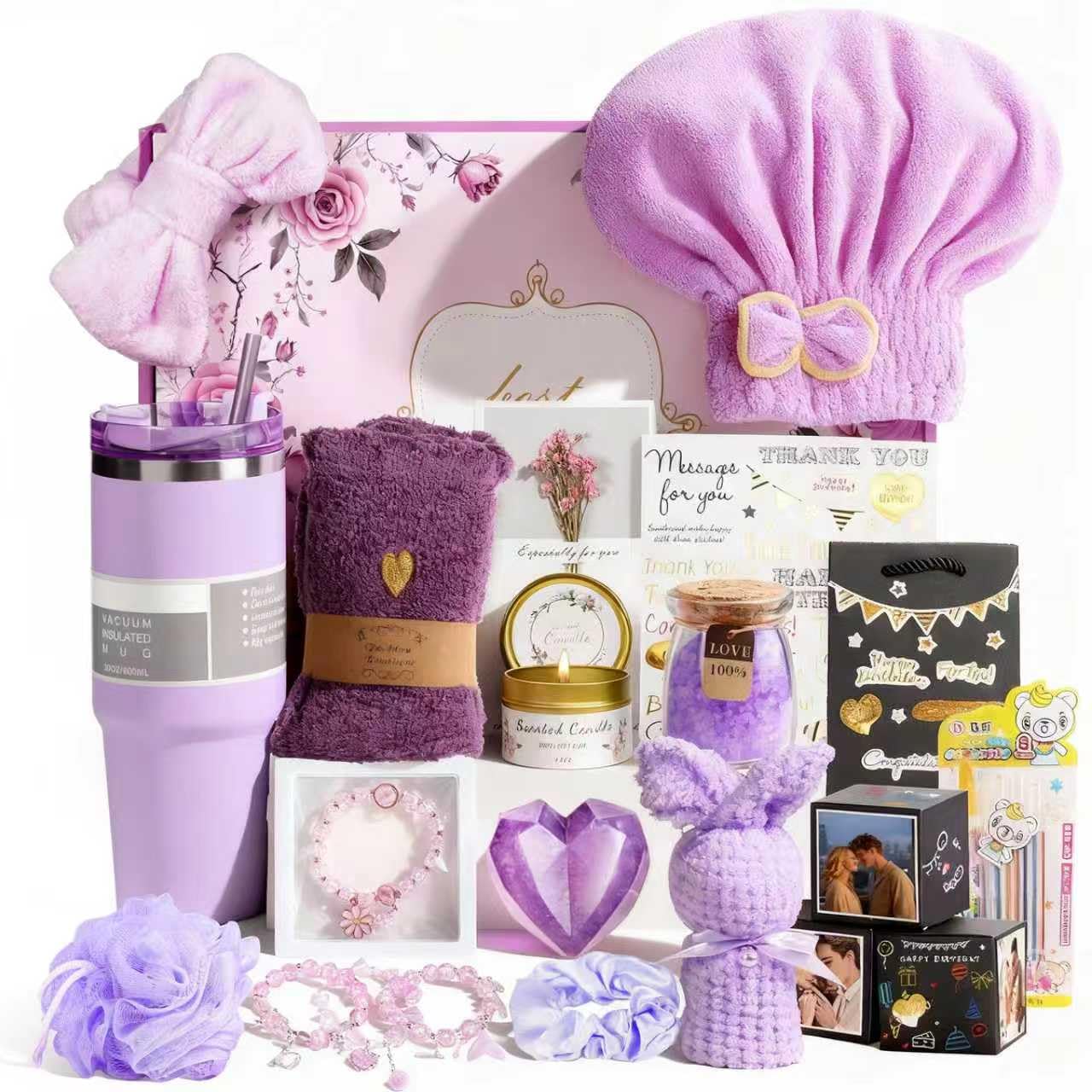 birthday gift baskets for women, 21 piece diy surprise photo pop up box self care gift kit for mom her, get well soon sympathy spa christmas mother's day gifts for friend wife girlfriend grandma purple