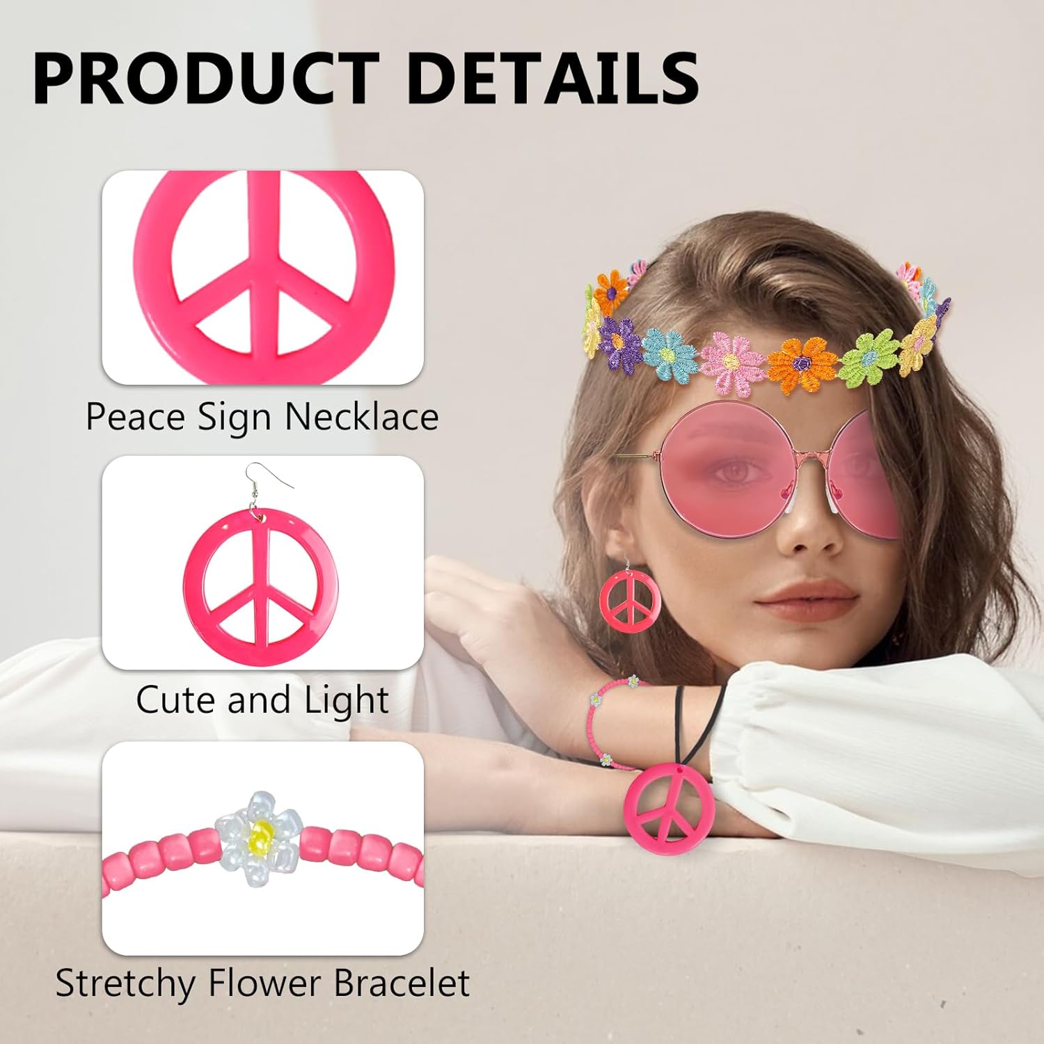 Hippie Costume Accessories Set Peace Sign Necklace Sunglasses Flower Headband Earrings for 60s 70s Outfit Party Women - Image 3