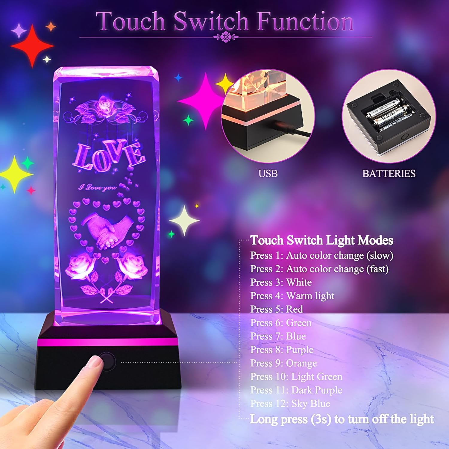 3D Love Crystal Night Light – Valentine’s Day Romantic Gift for Him Her, Crystal Lamp Gifts for Boyfriend Girlfriend Wife Husband Couples Wedding Anniversary Birthday Keepsake - Image 3