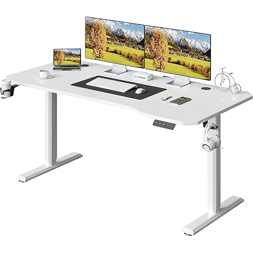 Shahoo Electric Standing Desk 63 Inch, Ergonomic Height Adjustable Table with T-Shaped Metal Bracket Modern Computer Workstations for Home Office, White, 63 x 24 Inches