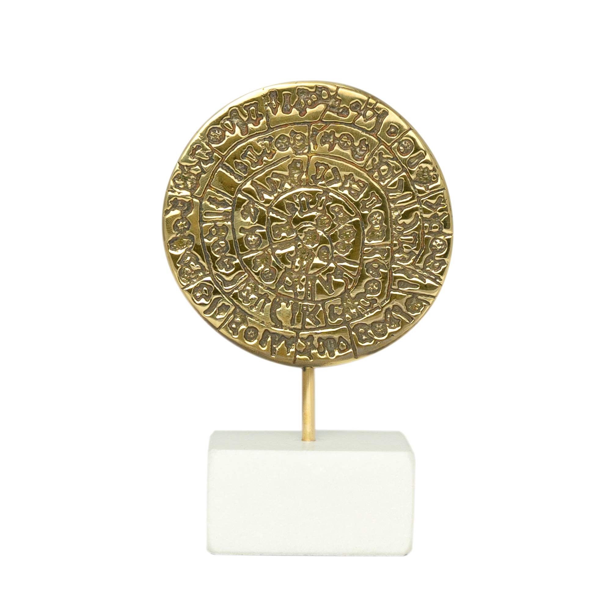 EliteCrafters Phaistos Disc or Festos Disk, Table Sculpture - Solid Brass on White Marble - Handmade Decor Creation - 13.5cm (5.3")