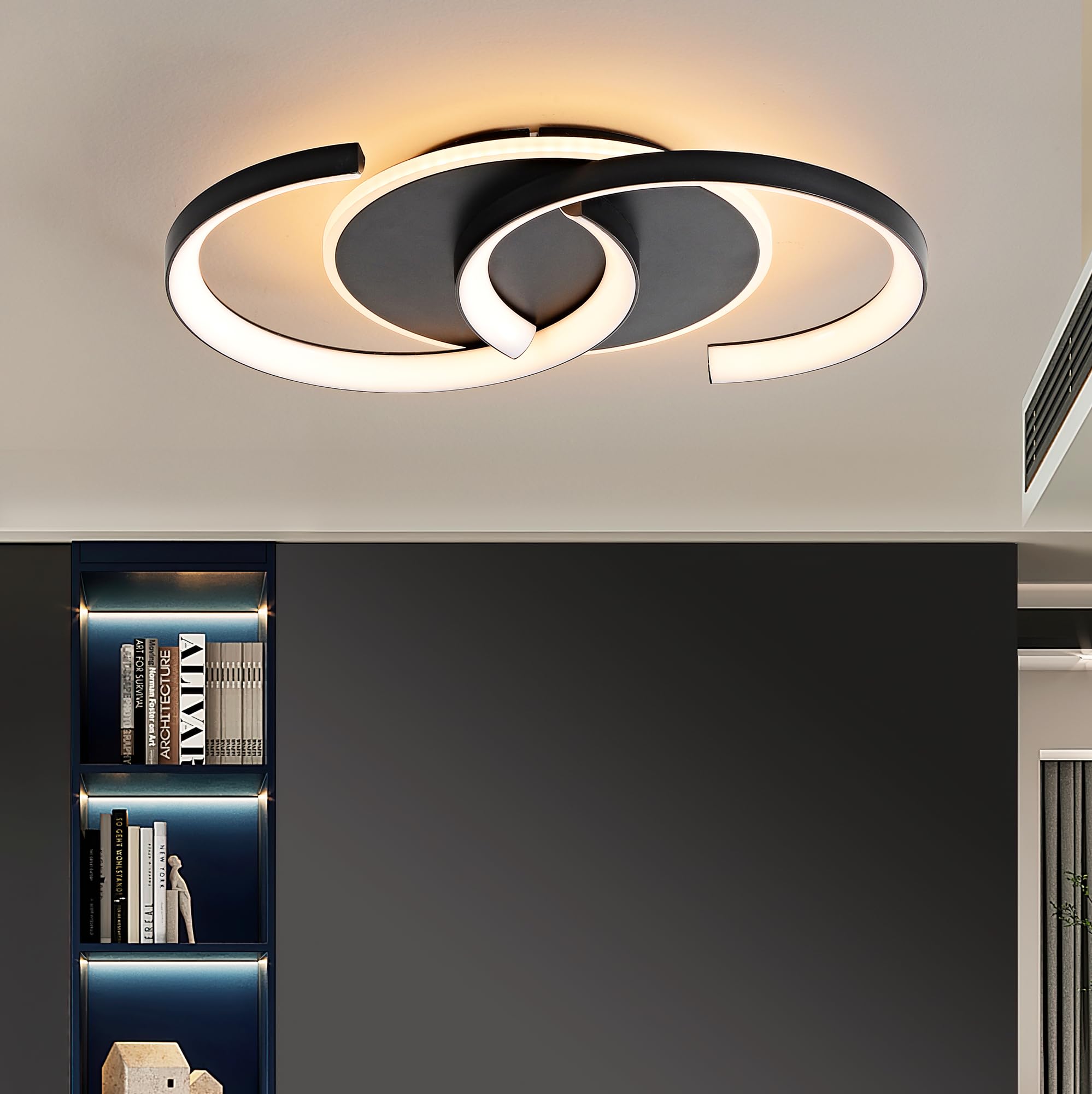 Meloweel LED Deckenleuchte Schlafzimmer 3000K warmes Licht, Modern schwarz „S“ 2-Ringe Deckenlampe 26W 40cm 2600lm, Schlafzimmerlampe, Flurlicht, Nicht dimmbar, Ohne Fernbedienung