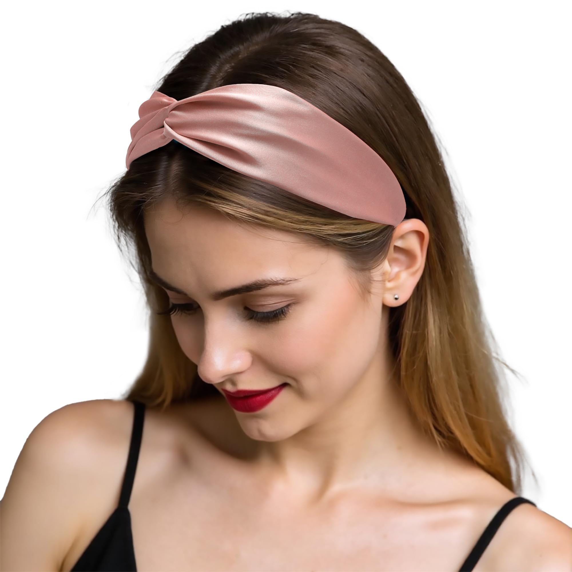 ZLYC Mulberry Silk Headband Elastic Twist Knotted Head Bands for Women's Hair(Solid Luxury Coral),One Size