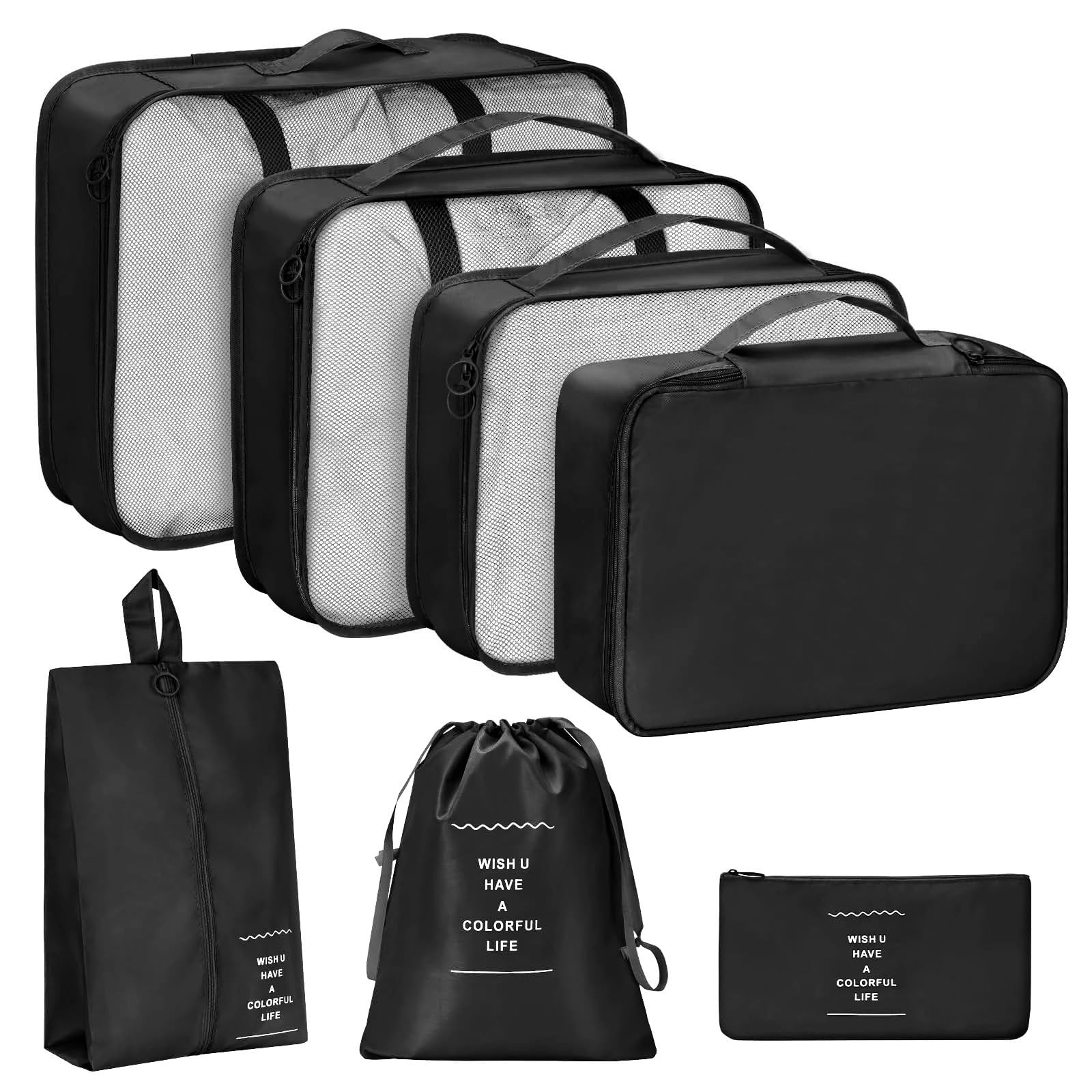 Travel pouch 7Pcs Travel Organizer Set Folding Storage Bags Wardrobe Cube Suitcase Packing Luggage for Clothes & Shoes(Black)