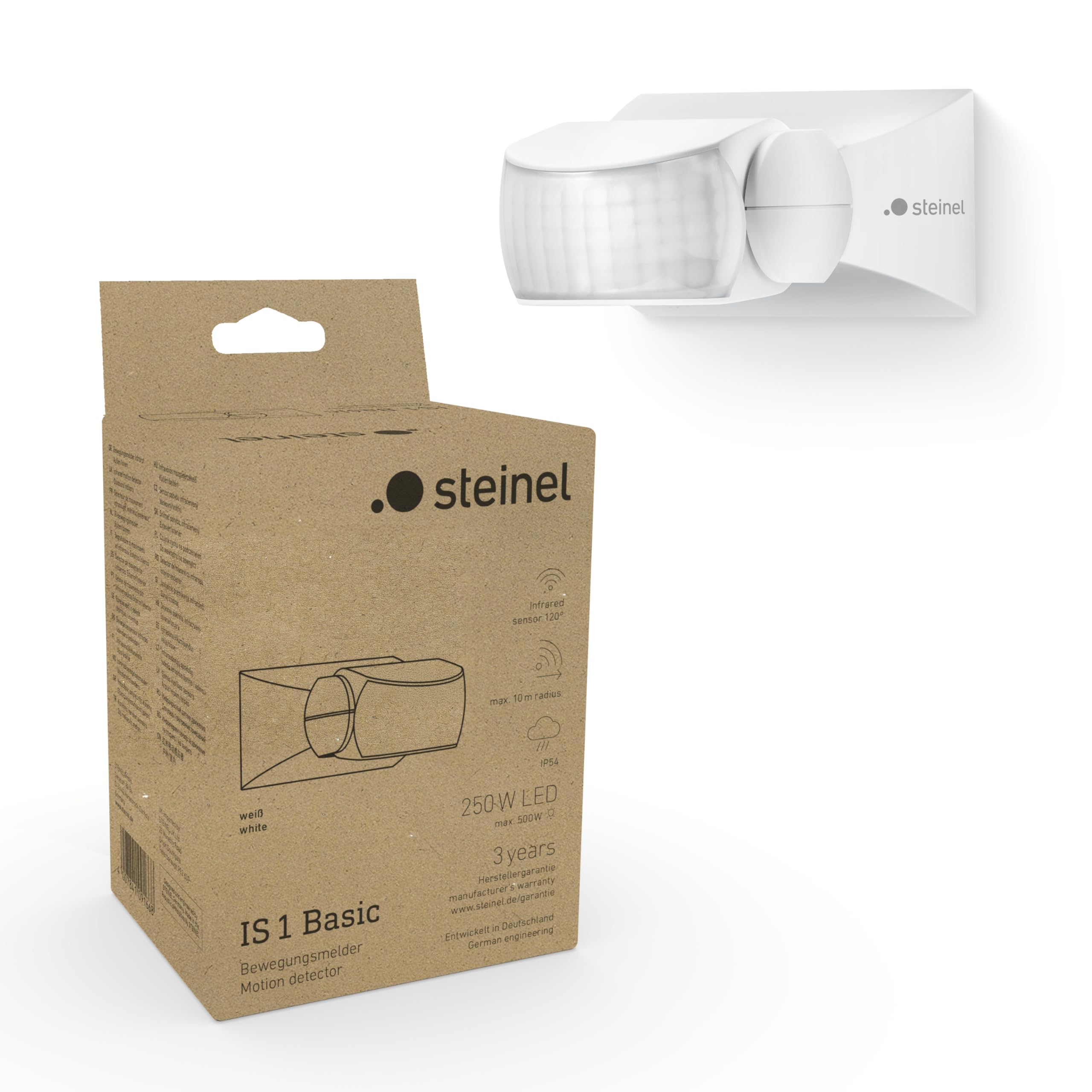 Steinel is 1 Basic Motion Detector, 120° Sensor, 10 m Range, Outdoor and Indoor Use, IP54, Surface-Mounted on Wall and Ceiling, White