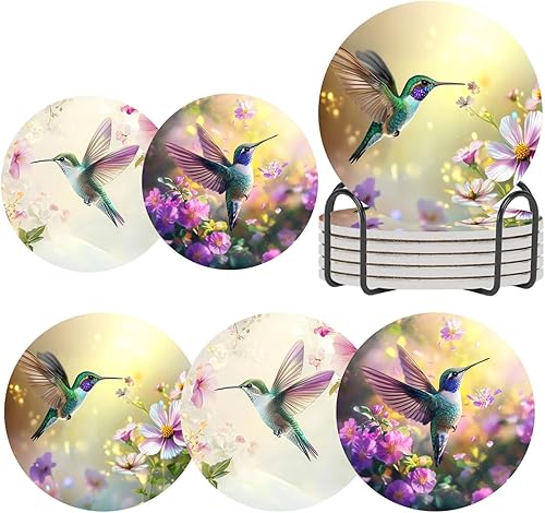 Miniatura 10 de William Morris - Juego de 6 posavasos redondos de cerámica absorbente con soporte de metal, posavasos de lirio dorado verde salvia con base