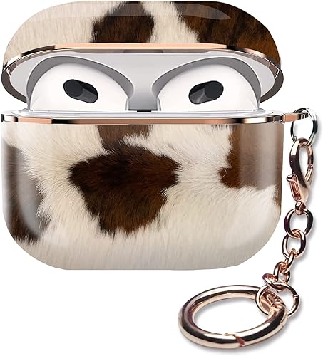 Compatible con Airpods 3 Funda protectora a prueba de golpes rígida con llavero para niñas, mujeres y hombres (piel de vaca, piel de vaca marrón de