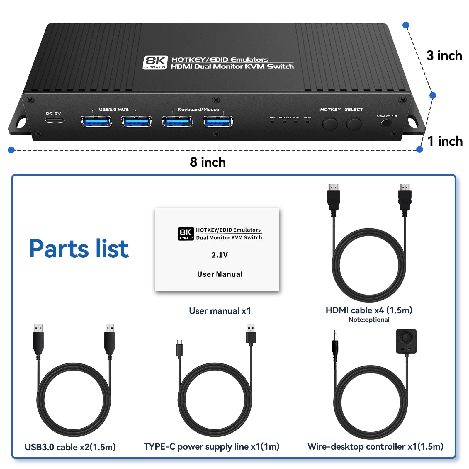 Commutateur Kvm 2 moniteurs 2 ordinateurs HDMI Edid 4K 144Hz Commutateur de raccourci double moniteur Commutateurs kvm 2 cmputers 1440p 120Hz 144hz 165hz FreeSync G-SYNC (kvm edid hdmi 2 x 2)