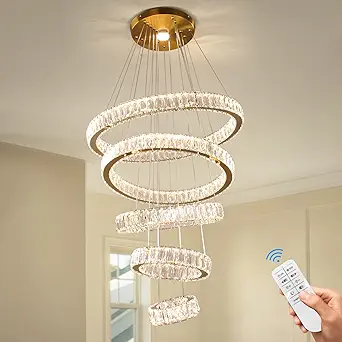 Dixun Dimmable Chandeliers LED Big Crystal Chandeliers Modern 5 Rings Pendant Light Adjustable Ceiling Light for Bedroom Dinning Room Kitchen