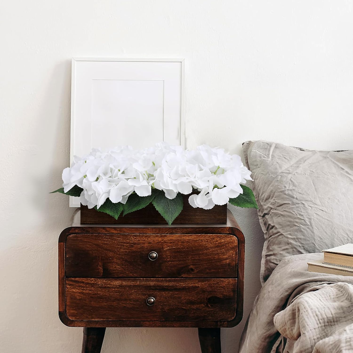 Flower Table Centerpiece, Fake Hydrangea Arrangements Centerpieces Artificial Flowers Decor Wood Tray with Faux Flower Wedding Bouquets Room Kitchen Farmhouse Indoor Office Party(White) - Image 6