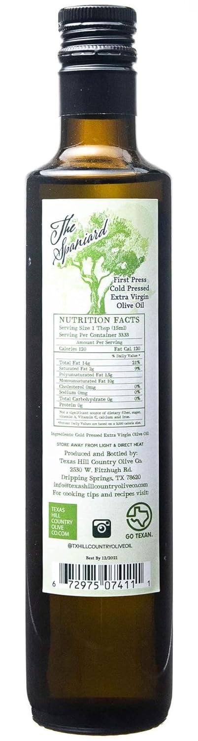 Texas Hill Country Olive Co Spaniard Extra Virgin Olive Oil - Cold Pressed EVOO Gourmet Olive Oil - Rich & Fruity - Perfect for Finishing & Dressing - Award Winning & Made in Texas (16.9 Fl Oz)