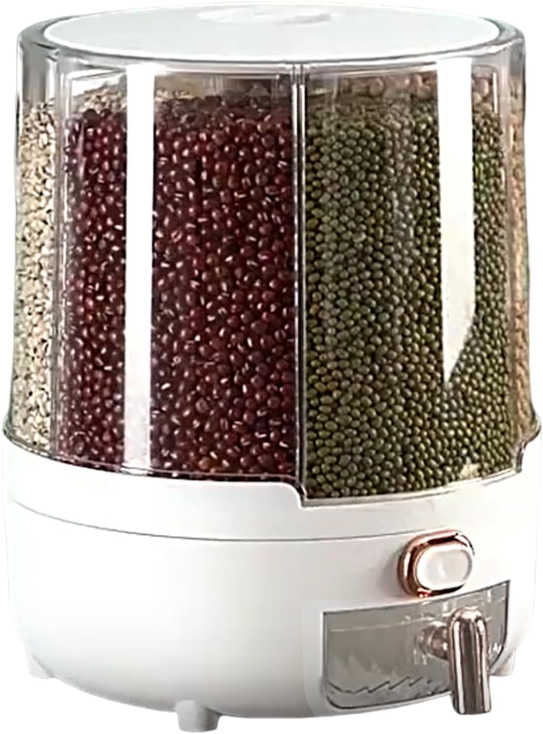 Grain Dispenser 360 Degree Rotating Dry Food Dispenser PP Rice Storage Container for Kitchen with 6 Compartments Holder for Rice and Beans (White, Large).