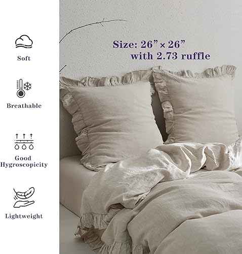 Miniatura 4 de Simple&Opulence Juego de 2 fundas de almohada 100% lino lavado a la piedra con volantes de 26 x 26 pulgadas, almohada decorativa del hogar, suave y