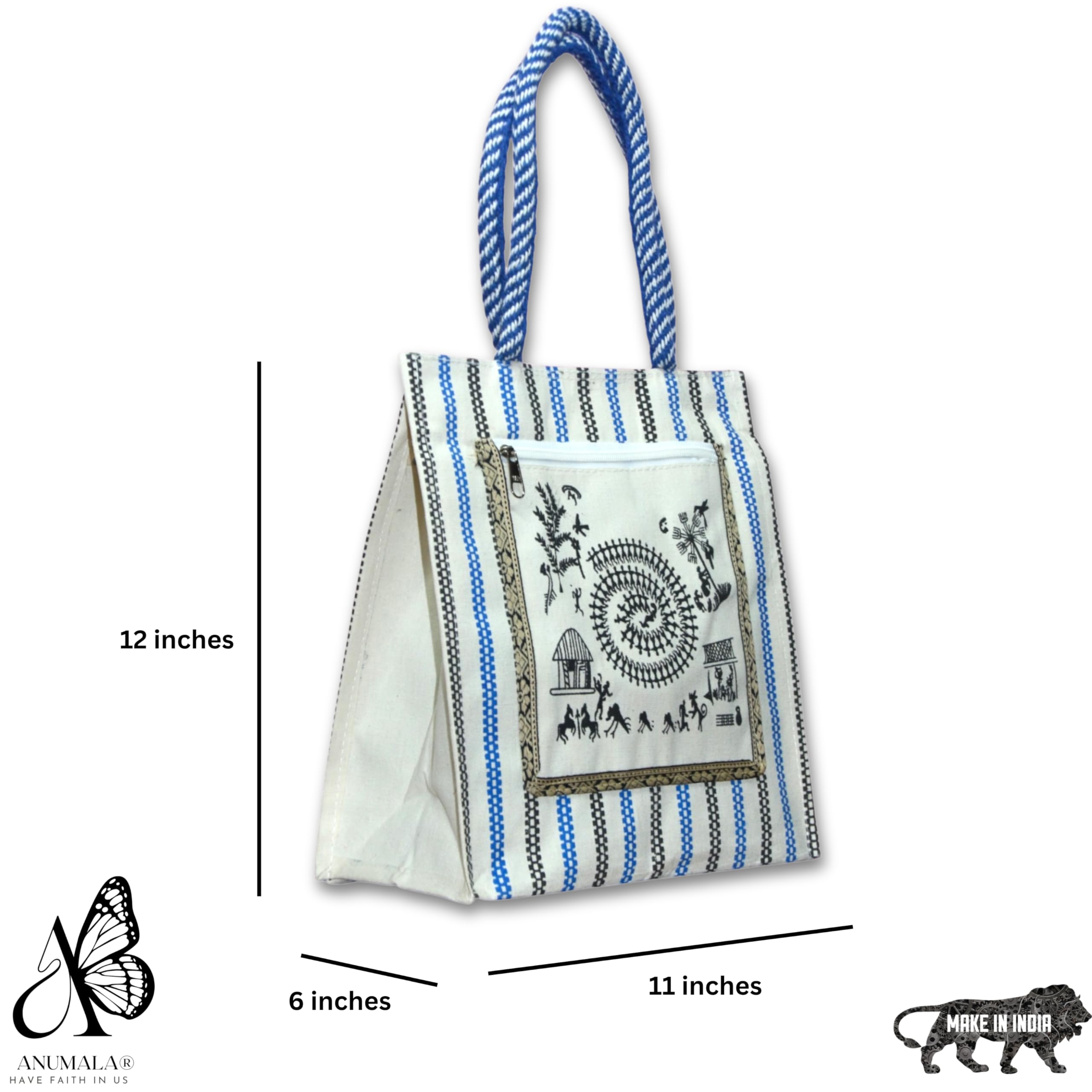 Anumala® Eco-Friendly Canvas Bag with Warli Art - 11x6x12 inch - Multipurpose Tote for Shopping, Grocery, Gifting & Daily Use - Handcrafted Reusable Bag with Zip Pocket (2) 1