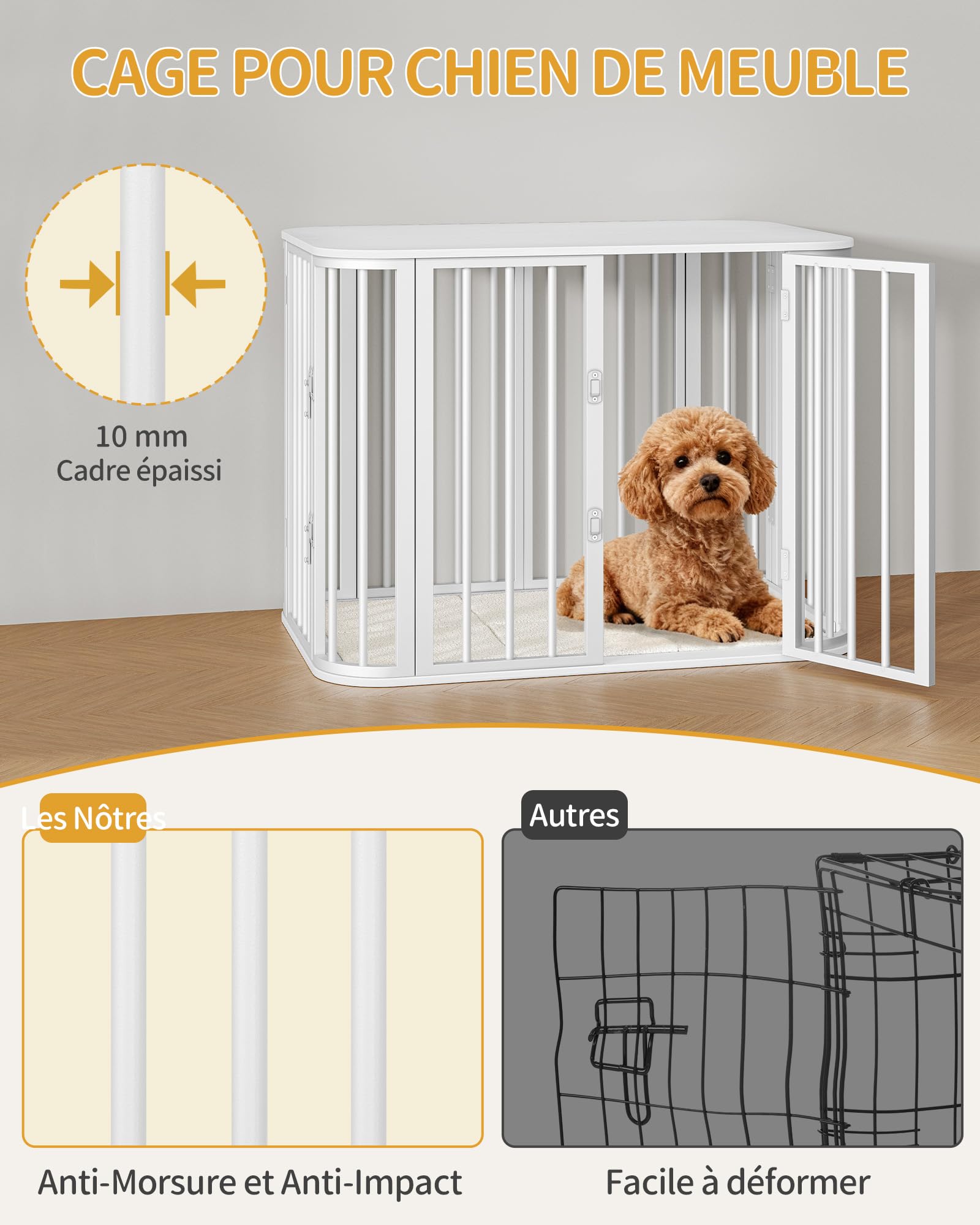 Hzuaneri Cage pour Chien Meuble, Cage D'intérieur avec Coussin, Modèle à Trois Portes, Table D'appoint en Bois, Convient aux Chiens de Petite et Moyenne Taille, 80 x 55 x 61,5 cm, Blanc DFC87713W