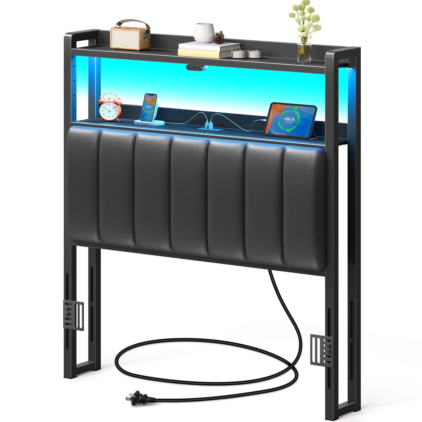 Rolanstar Headboard for Twin Size Bed with Storage, 60,000 DIY Color of LED Light, Head Board with USB & Type C Port, Height Adjustable, Black