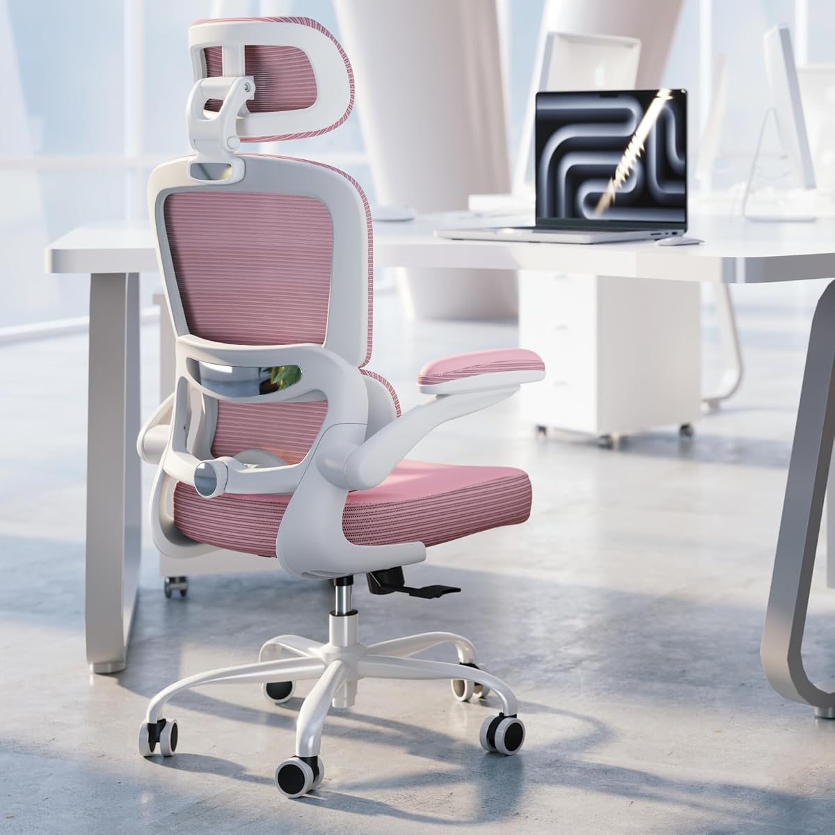 TRALT Ergonomic Office Chair - Desk Chair with Adjustable Headrest Lumbar Support Computer Chair - Mesh Comfy Chair with Flip-up Armrests - Gaming Chairs for Adults Home Office (Leather, Pink)