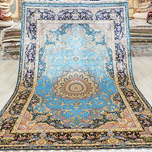 Yuchen Carpet Silk Rug 6x9 Blue Hand Knotted Traditional Vintage