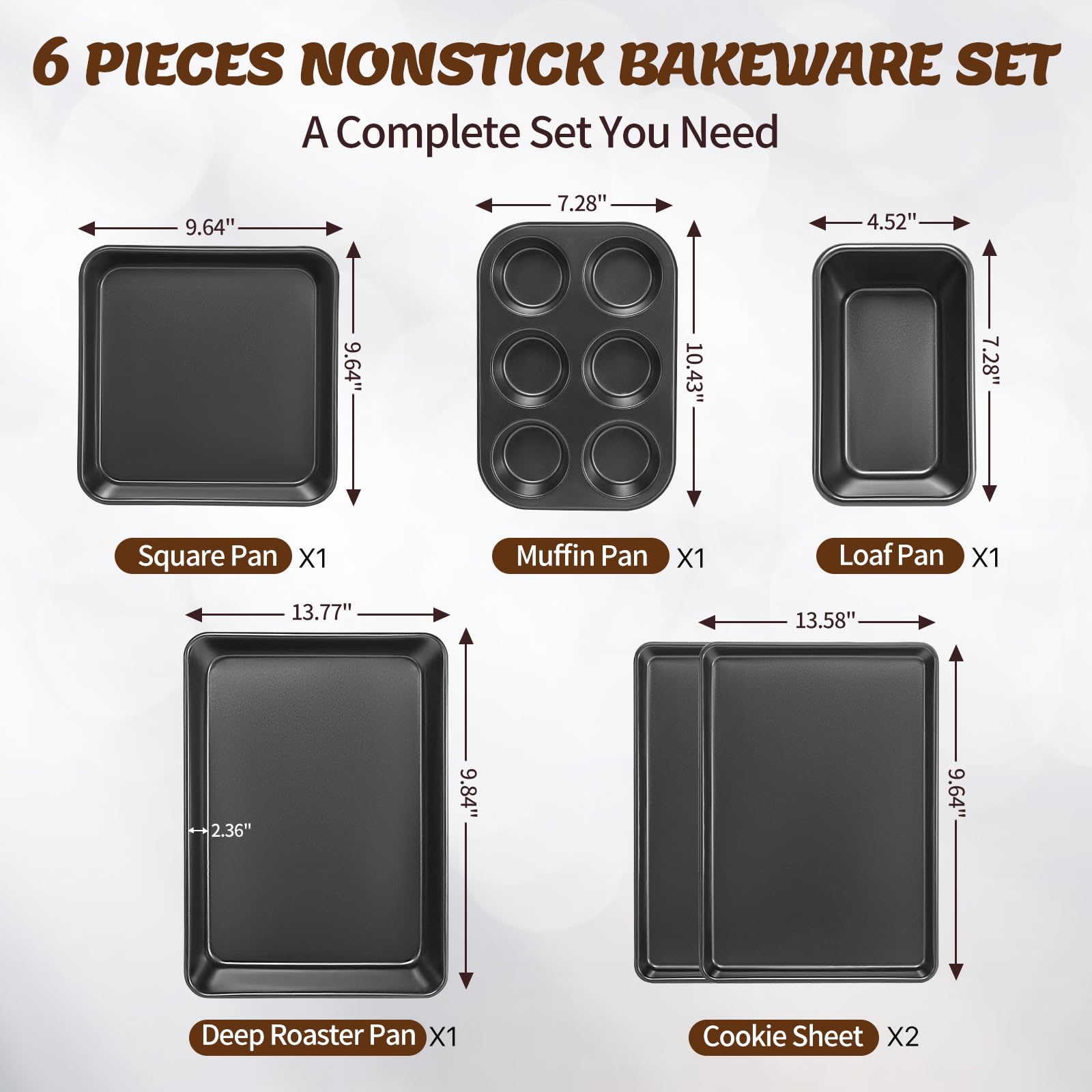 AIVIKI - Juego de 6 bandejas para hornear, antiadherentes, sartenes para horno, 6 piezas, incluye bandeja para galletas, sartén profunda, sartén cuadrada, molde para pan, molde para magdalenas, juego