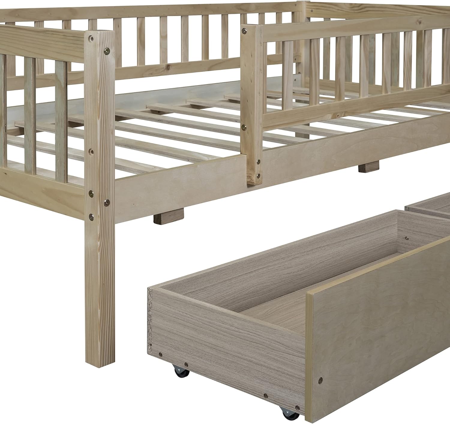 Flieks Wooden Daybed, Twin Size Bed Frame with Two Drawers for Kids Teens Adults, Wood Slat Support, No Box Spring Needed, Easy Assembly, Natural
