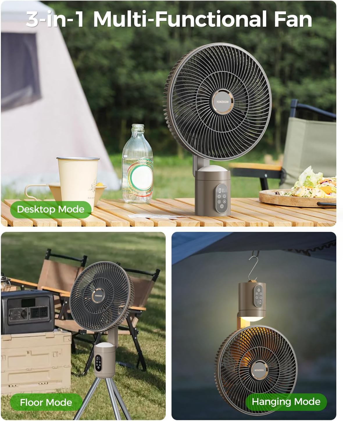 YOKEKON Standing Outdoor Fan for Patio,12" Rechargeable Cordless Pedestal Fan,Hanging 12000mAh Battery Operated Oscillating Fan with Remote,Light, Quiet,8 Speeds,Timer,Gazebo/Deck/Porch/Pergola,Brown