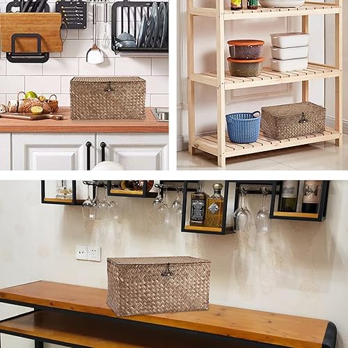 Miniatura 2 de Hipiwe Cestas de mimbre con tapa, canastas de hierba marina tejidas a mano, cestas rectangulares para el hogar, estantes y armarios, organizador del