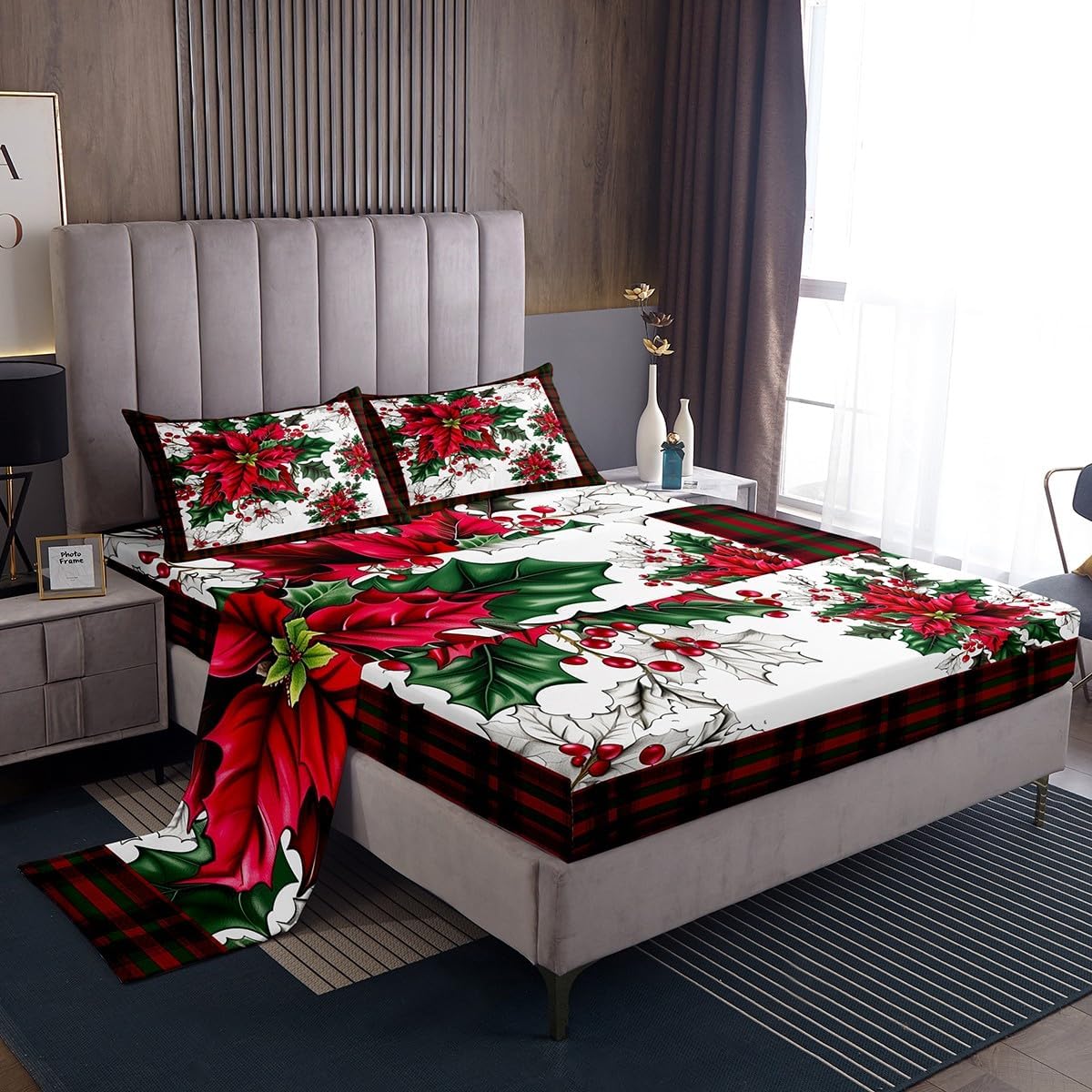 Christmas Cardinal Bed Sheet Set King Size,Xmas Theme Red Bird Watercolor Deep Pocket Fitted Sheet,1 Flat,2 Pillowcases,Berry Pine Branch Plaid Geometric Bed Mattress Cover, Bedroom Decor