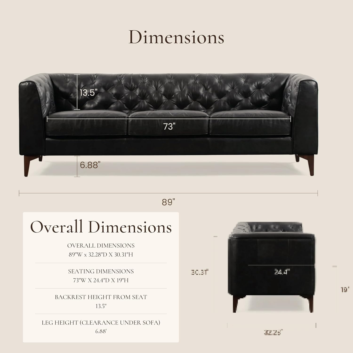 POLY & BARK Essex 89” Full-Grain Italian Leather Sofa – Tufted Back, Feather-Down Comfort, Solid Wood Frame, Onyx Black