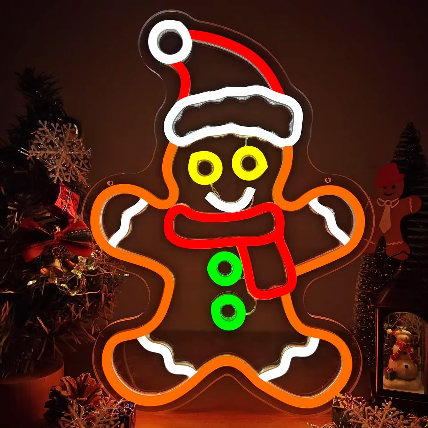 Gingerbread Man Neon Sign Dimmable Gingerbread Christmas Neon Lights for Window, Bedroom, Living Room LED Gingerbread Man with Scarf and Santa Hat Neon Sign for Christmas Party Gifts