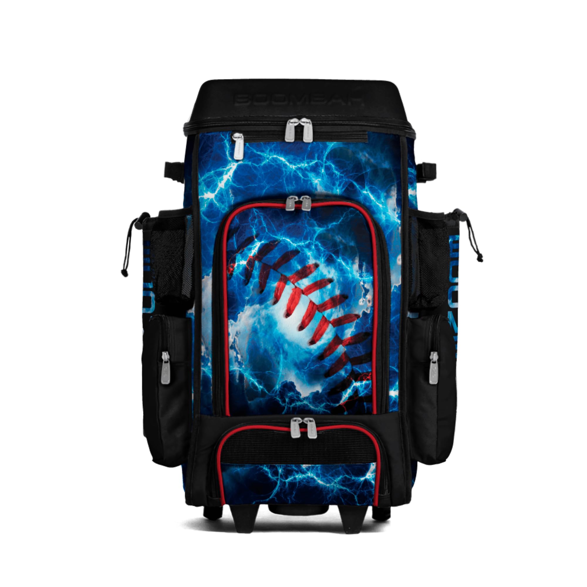 Boombah DEFCON Superpack Rolling Bat Bag - Telescopic Handle and Holds 4 Bats - Wheeled Version - The Natural Black/Red/White