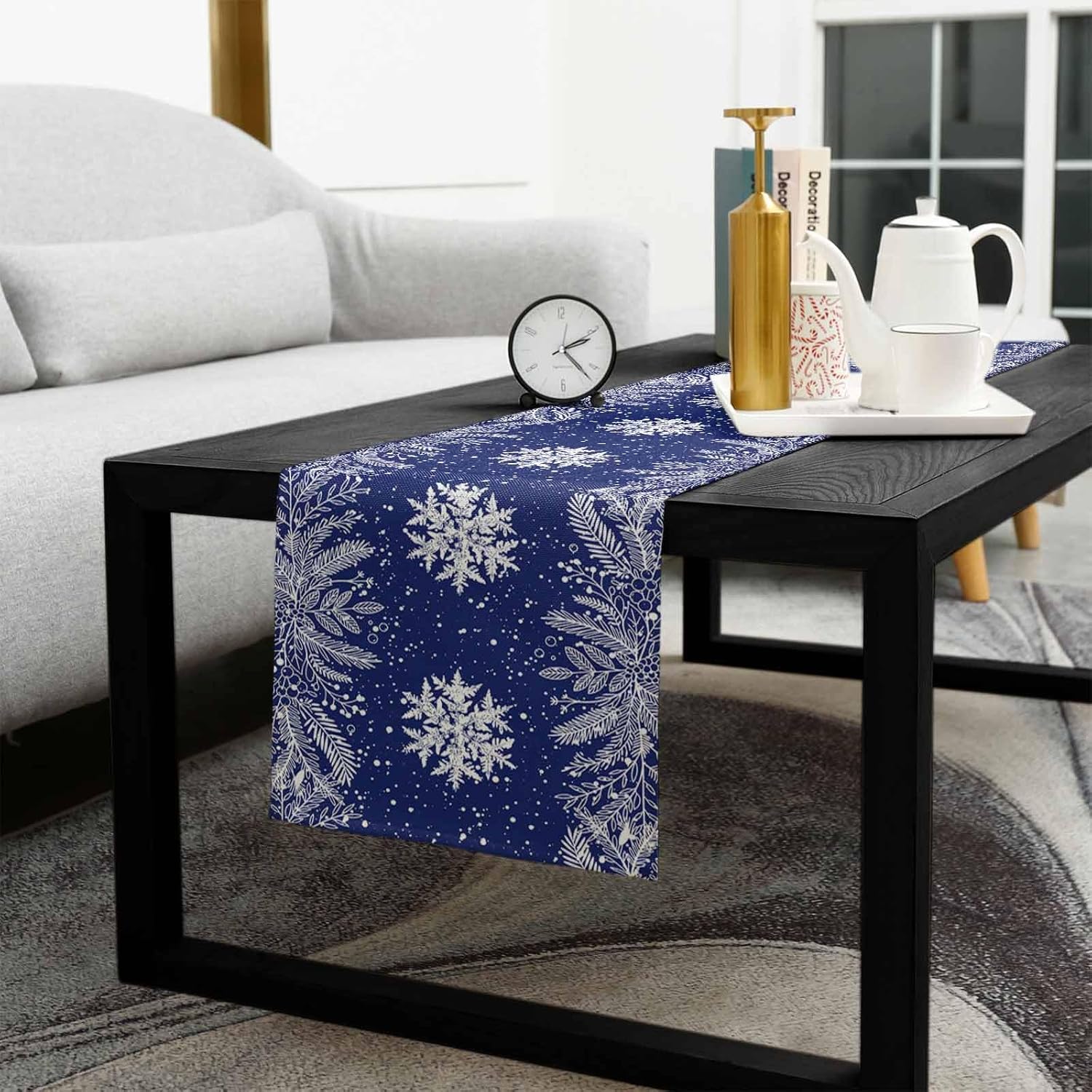 Blue Christmas Table Runner 120 Inches Long for Dining Table Decor, Cotton Linen Winter Snowflake Table Runner Washable Dresser Scarf for Kitchen Christmas Holiday Seasonal Leaves Pine Cones