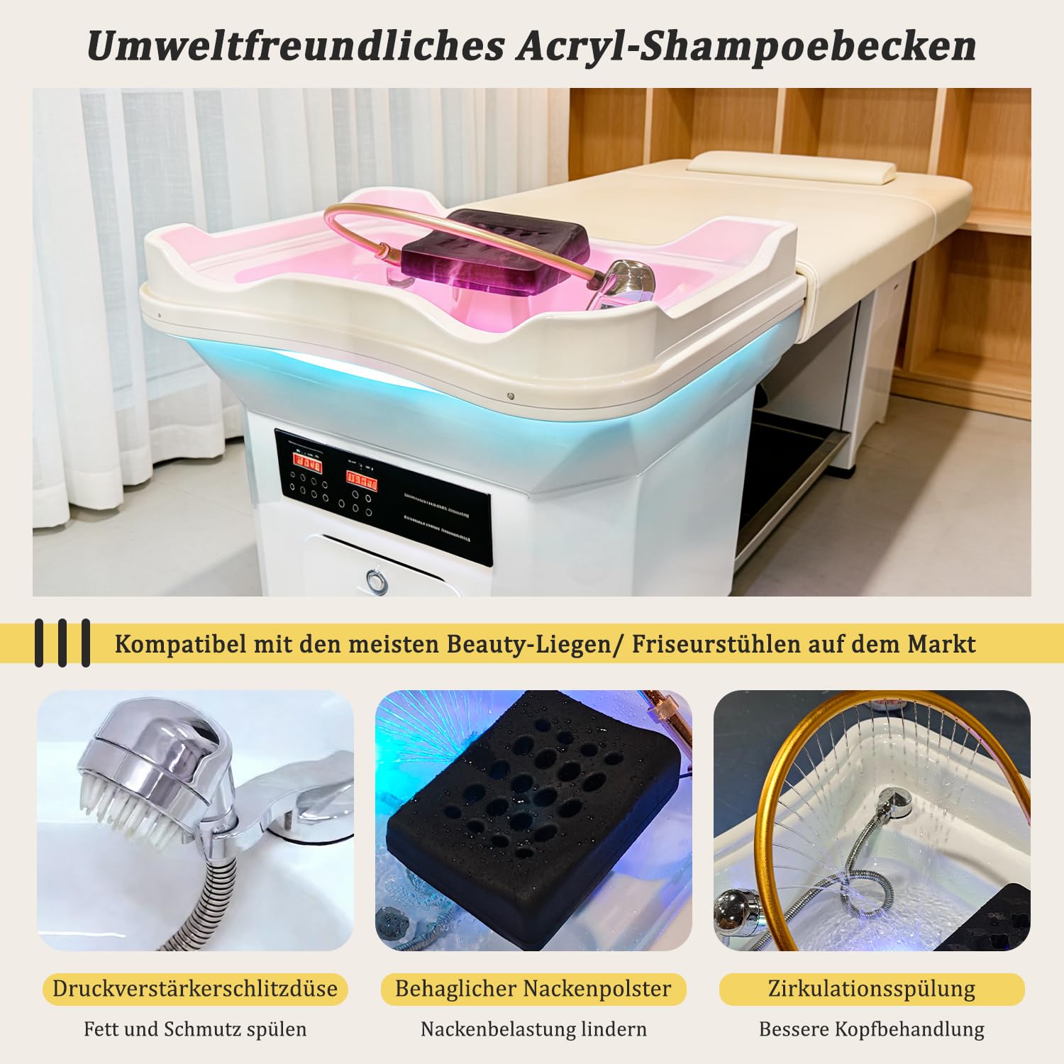 head spa umywalka, japońskie wyposażenie spa, mobilny szampon ze zbiornikiem na wodę 60 l, 4 uniwersalne kółka, miska do szamponu, kolor biały