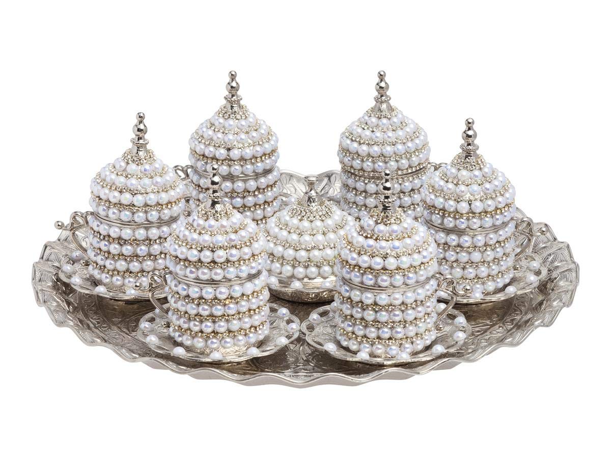 LaModaHome Pearl Espresso Coffee Cup with Saucer Holder Lid Tray and Delight Bowl Set of 6, Porcelain Turkish Arabic Greek Silver Coffee Set, Coffee Cup for Women, Men, Adults, New Home Wedding Gifts