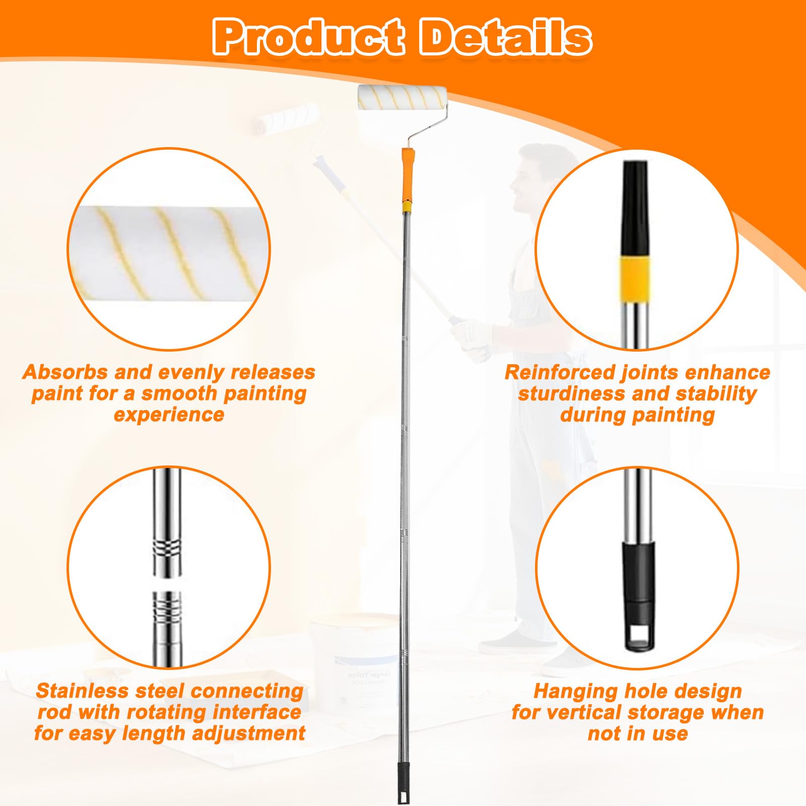 Set di Rullo Pittura con Asta Telescopica Regolabile 30-180cm & 4 Rulli Imbiancare, Set Attrezzi DIY Ristrutturazione per Verniciatura Pareti, Soffitti e Superfici Interne & Esterne