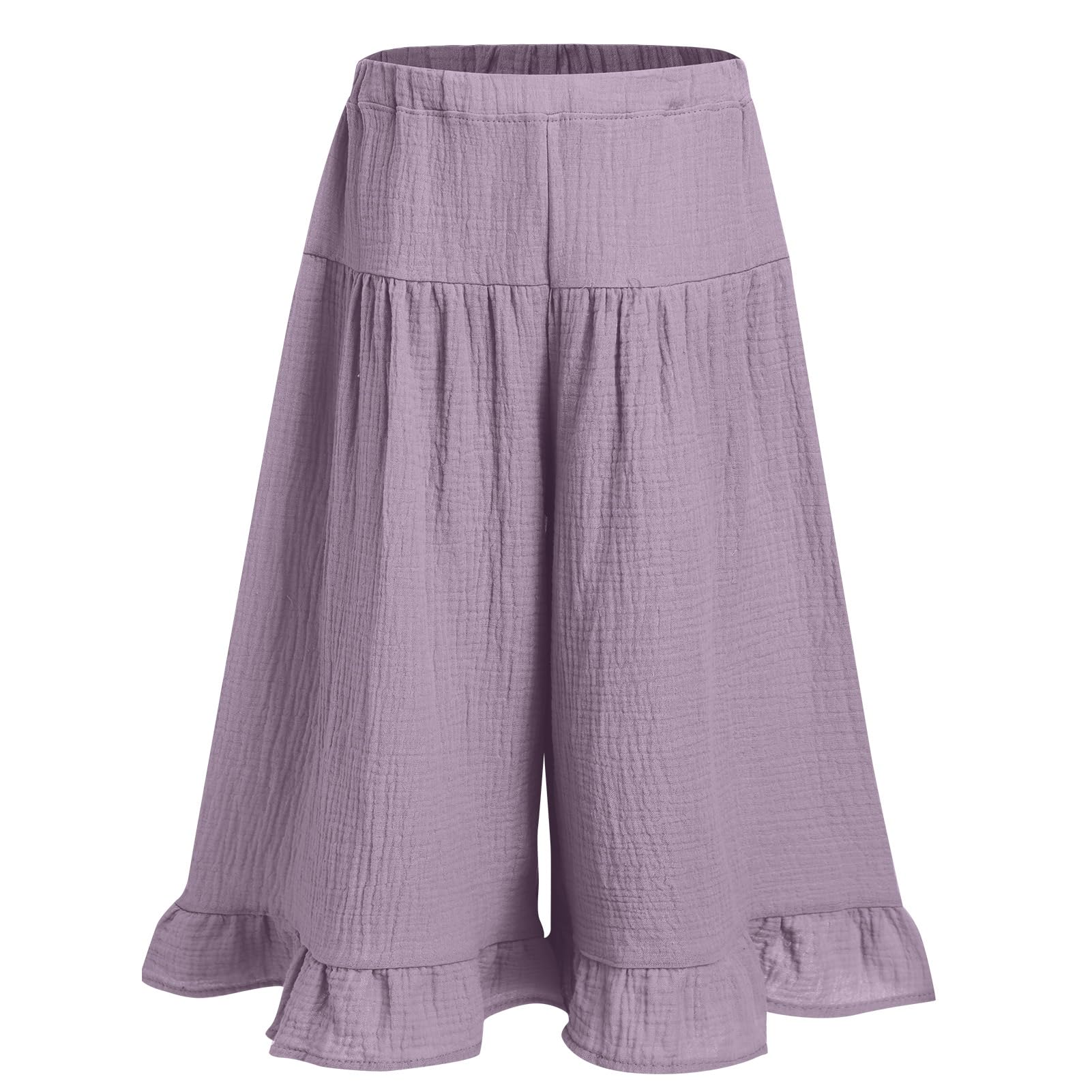 IWEMEK Ruffled Pants for Baby Girls Wide Leg Palazzo Pants Toddler Girl Cotton Linen Flowy Casual Loose Fit Trousers Bottoms Elastic Waist Summer Lounge Beach Leggings Light Purple 12-18 Months