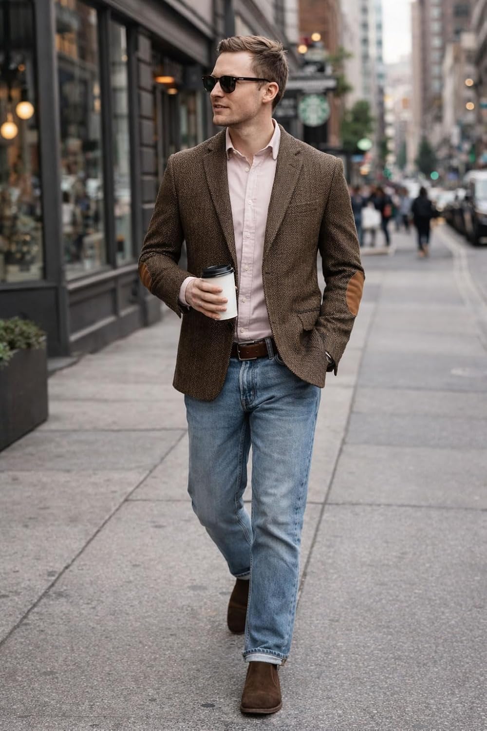 Men's Herringbone Tweed Blazer with Elbow Patches Vintage 2 Button Slim Fit Classic Business Suit Jacket