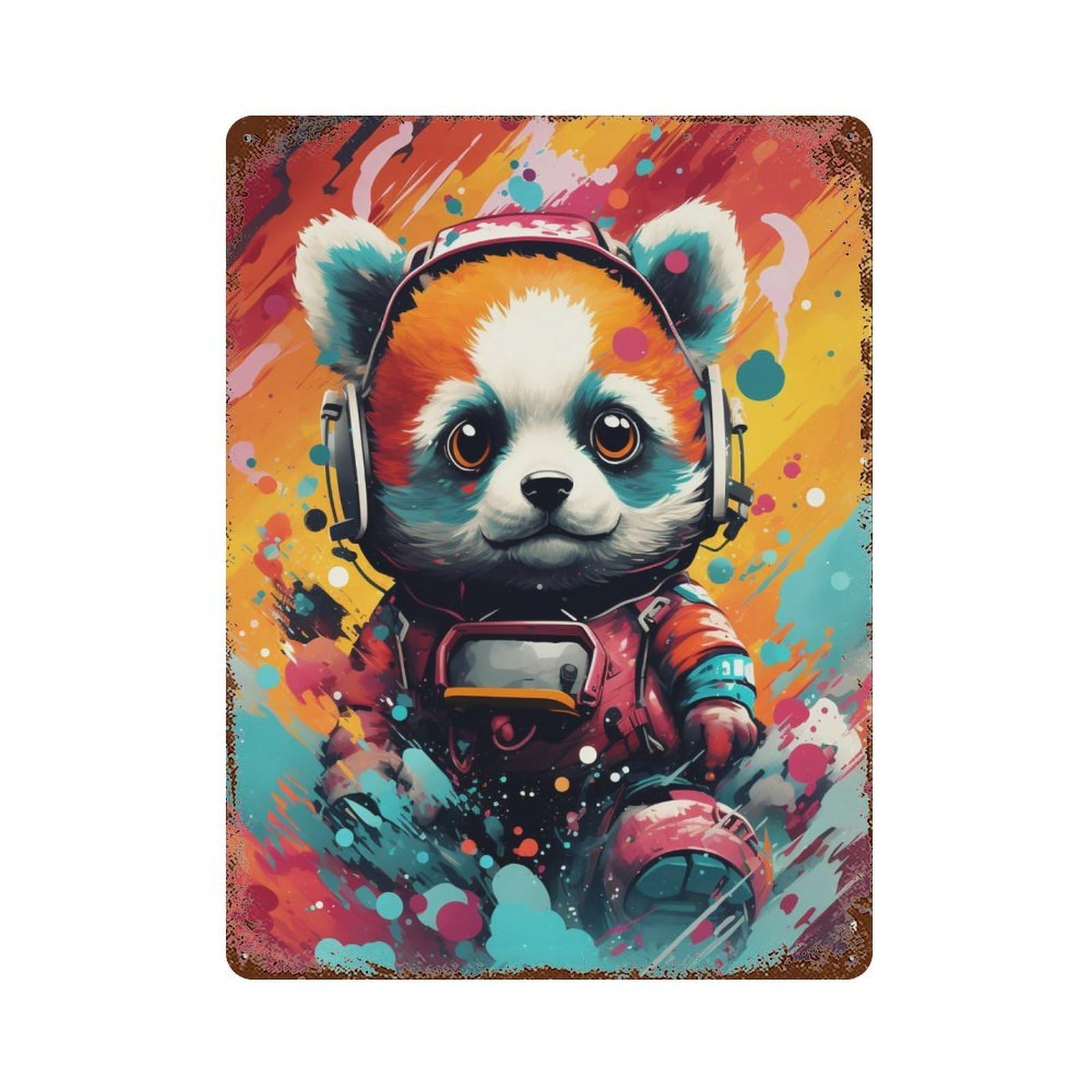 Cosmic Panda Explorer 15.7"x11.8" Vintage Rust Metal Sign, Shabby Chic Decor for Cafe, Home Bar And Lounge Decor