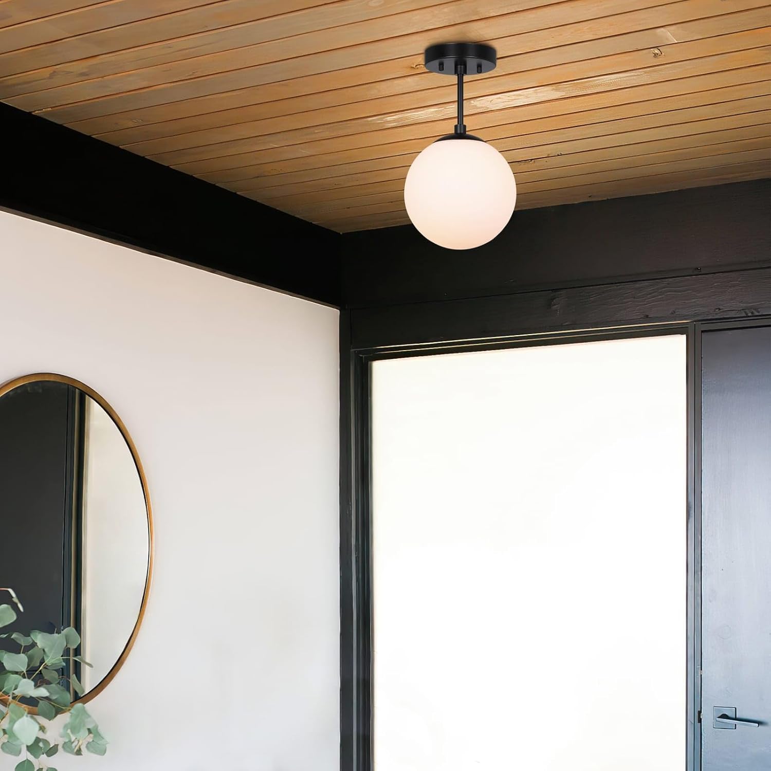 XiNBEi Lighting Semi Flush Light 1 Light Semi Flush Mount Ceiling Light, Globe Ceiling Light Matte Black Finish for Living & Dinning Room XB-SF1211-MBK