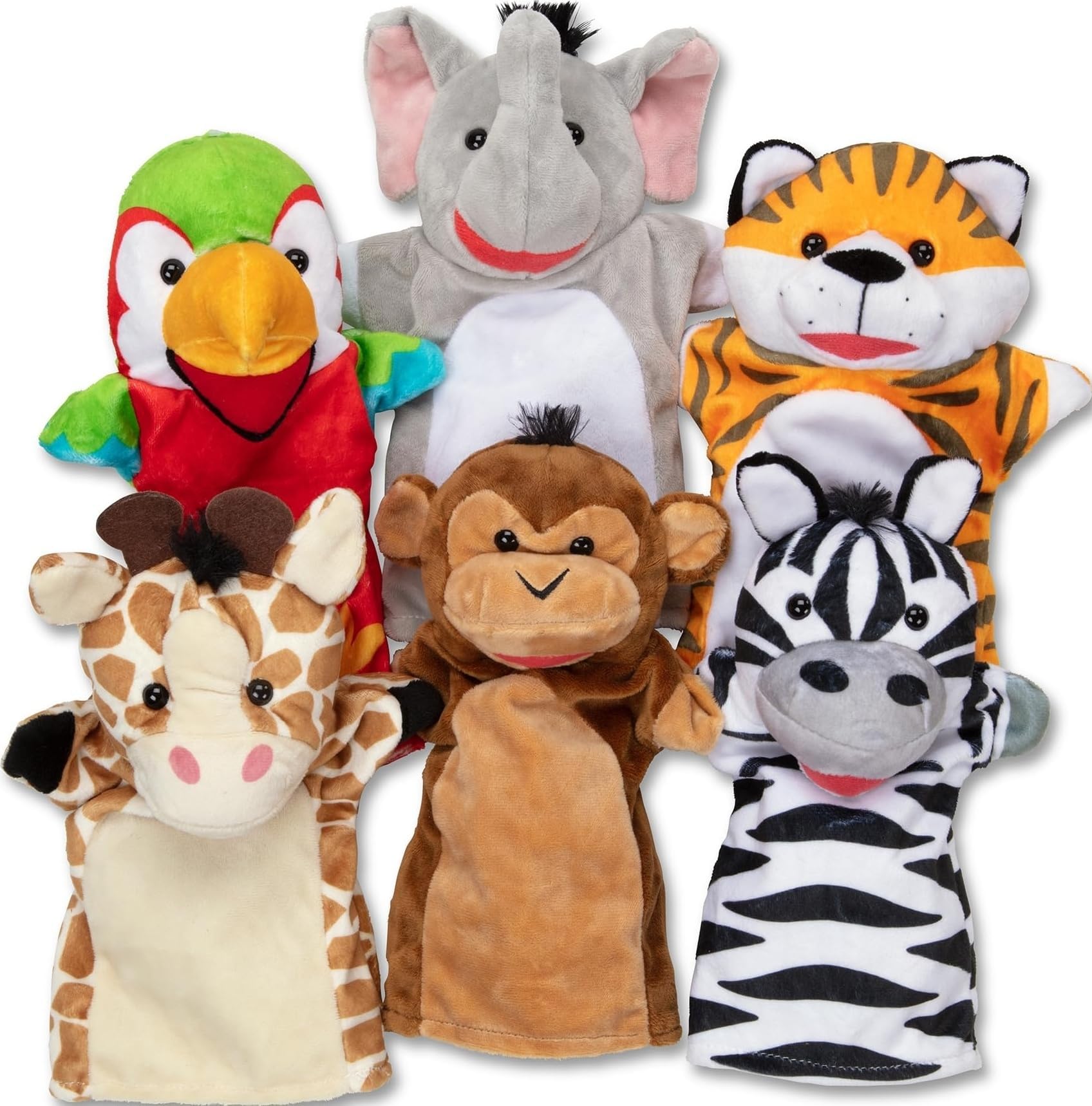Safari Buddies Hand Puppets, Set of 6 (Elephant, Tiger, Parrot, Giraffe, Monkey, Zebra) Soft, Plush Animal Hand Puppets For Toddlers And Kids Ages 2+