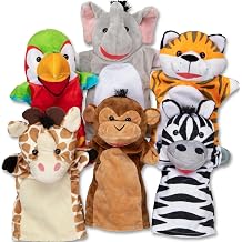 Melissa &amp; Doug Safari Buddies Hand Puppets, Set of 6 (Elephant, Tiger, Parrot, Giraffe, Monkey, Zebra) Soft, Plush Puppet, Stuffed Animals, Pretend Play Toddler Toys for Girls &amp; Boys 2+
