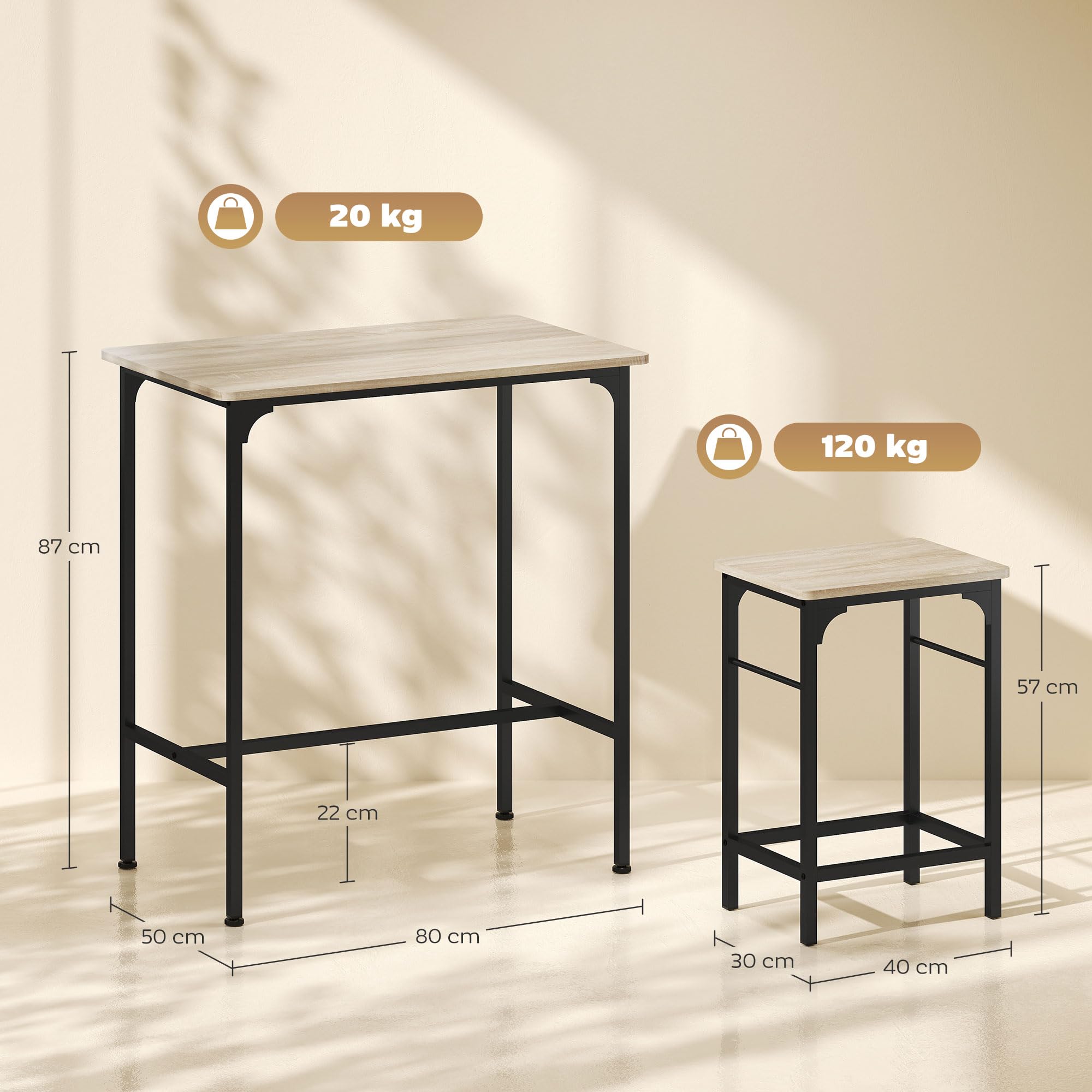 HOMCOM - Conjunto de Mesa de Bar con taburetes, Mesa de Comedor de pie con 2 sillas de Bar, Marco de Acero para Cocina, Comedor y Sala de Estar, Efecto Madera Natural