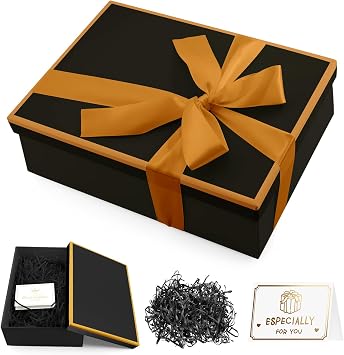Black Gift Box with Lid, Premium Present Box with Shredded Paper Ribbon Greeting Card Large Gift Box for Weddings, Birthdays, Anniversaries, 25x18x8.5cm Black