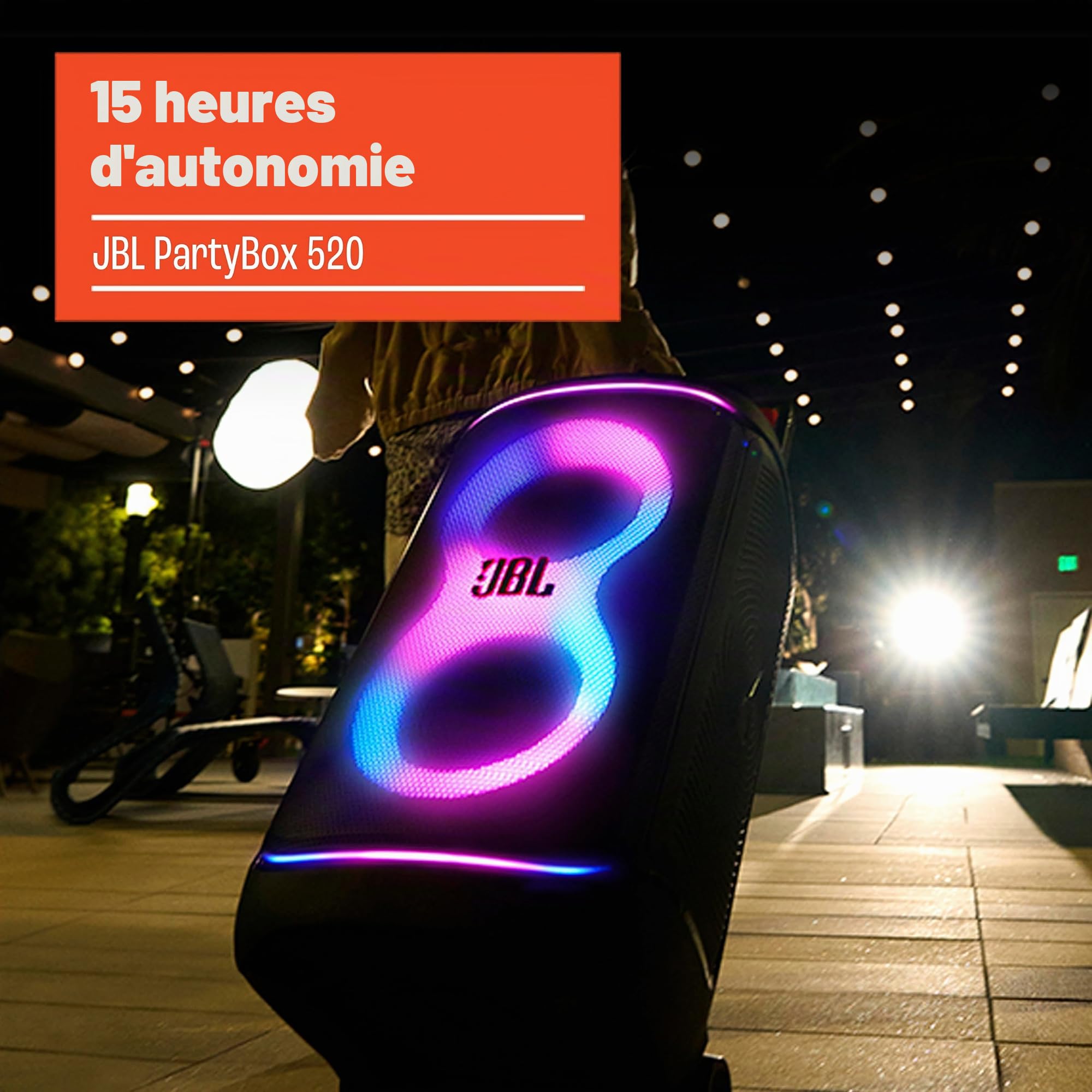 JBL PartyBox 520 Enceinte Portable pour fête alimentée par Batterie avec Renfort de Son AI, jusqu'à 15 Heures de Temps de Lecture, Anti-éclaboussures IPX4, Connexion Multi-radiateur