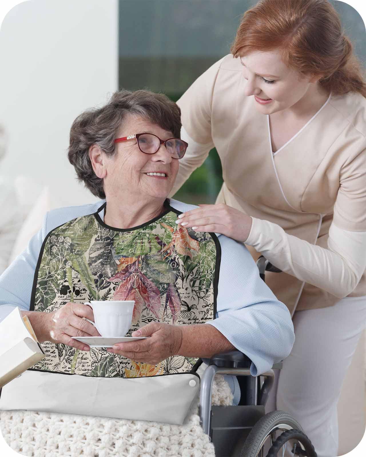 Tropical Palm Adult Bib for Eating with Crumb Catcher,Washable & Waterproof Terry Cloth Adjustable Elderly Women Men Adult Bibs Apron Clothing Protector Abstract Vintage Green Shabby Chic Flower